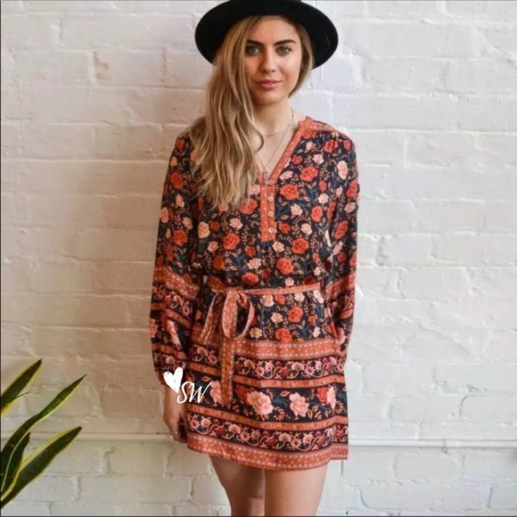 Dresses & Skirts - Long Sleeve Boho Floral Gypsy Print Dress Orange